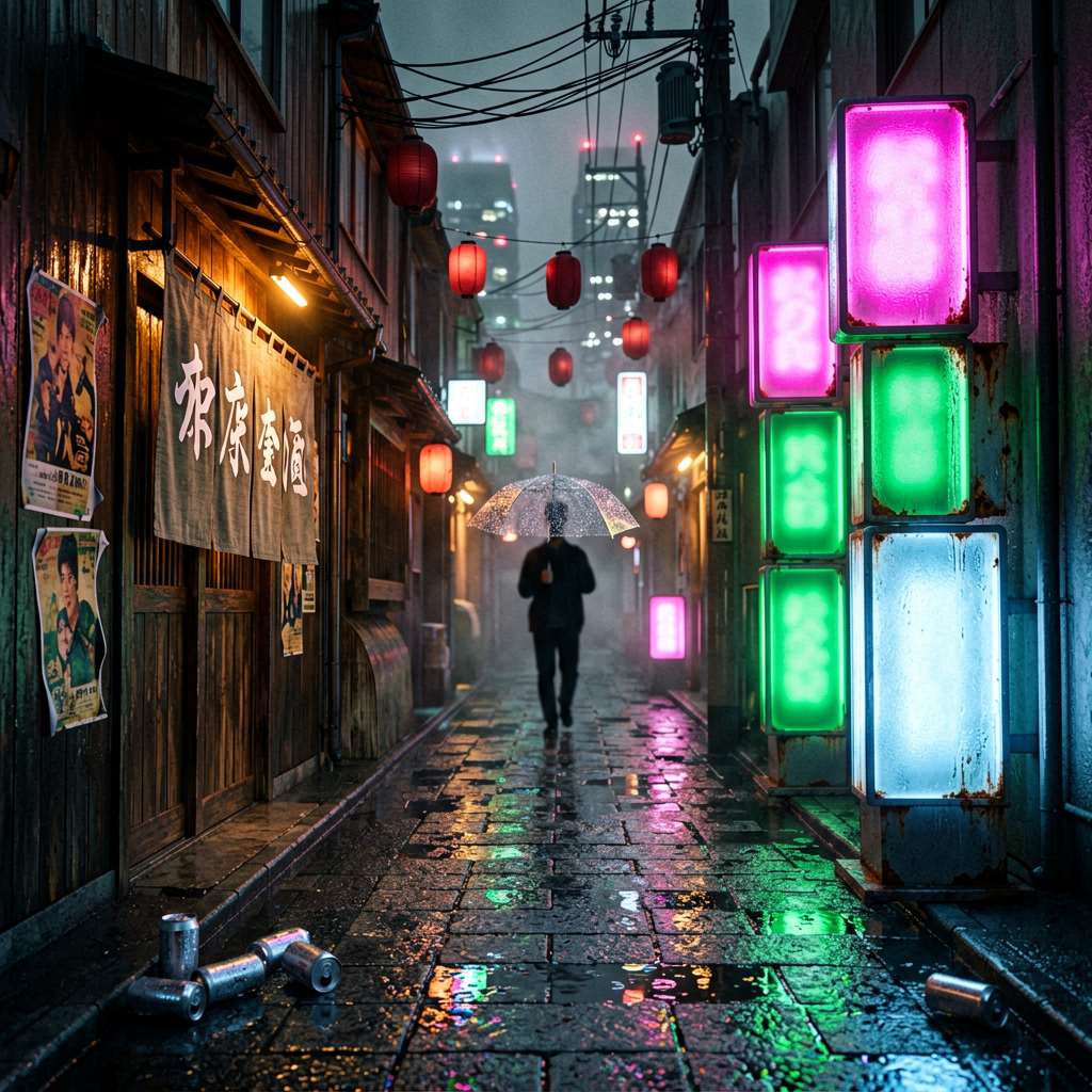 AI-generated neon-lit Tokyo alley at midnight, 1024x1024